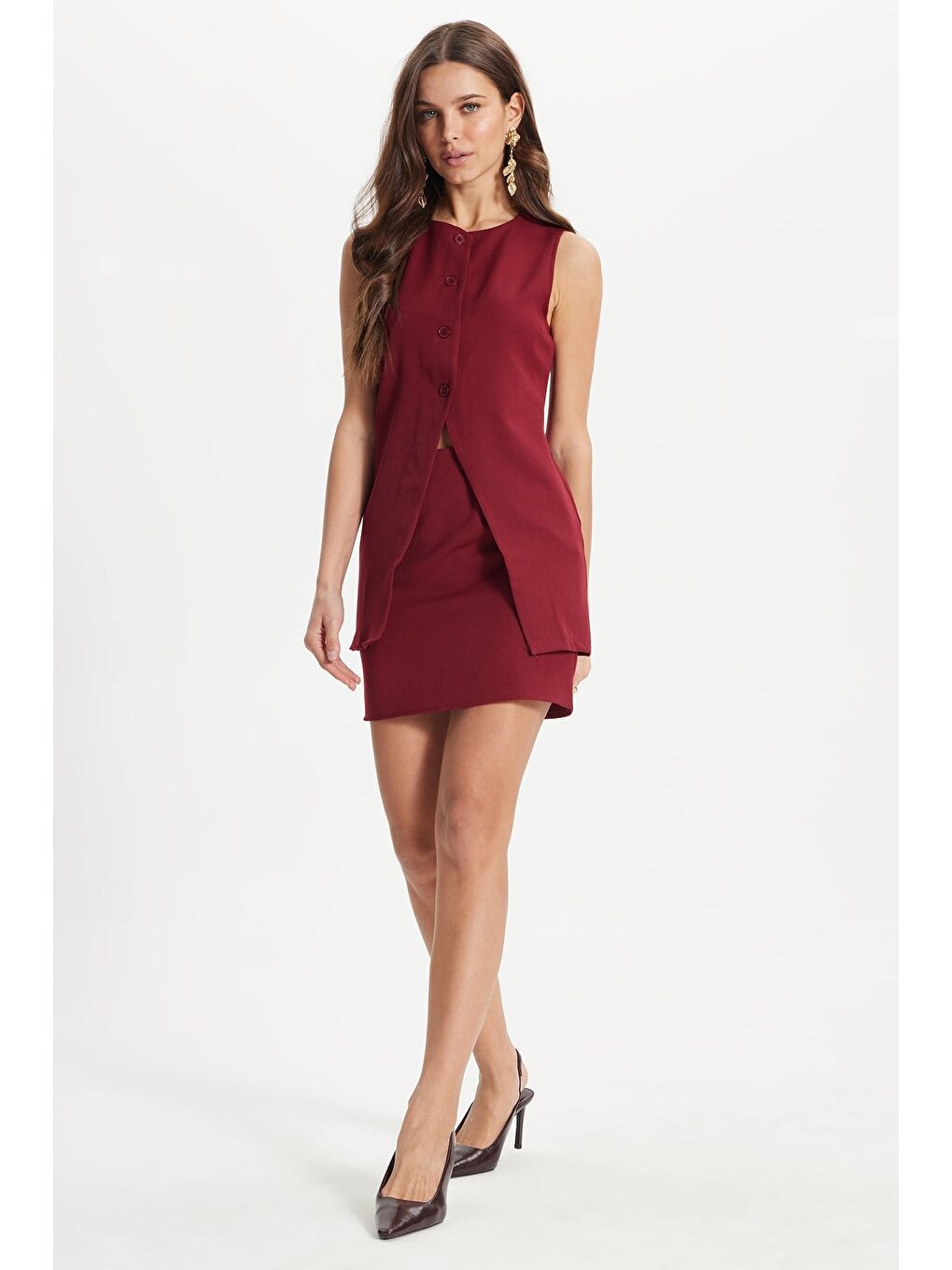 Kadın Standart Fit Normal Kesim Bisiklet Yaka Elastanlı Bordo Kolsuz Yelek Mini Etek Takım-3