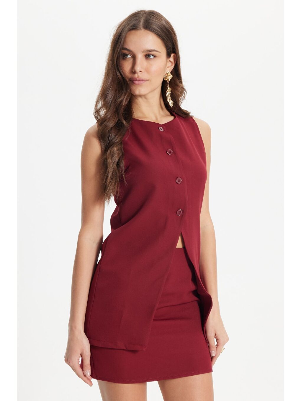 Kadın Standart Fit Normal Kesim Bisiklet Yaka Elastanlı Bordo Kolsuz Yelek Mini Etek Takım-5