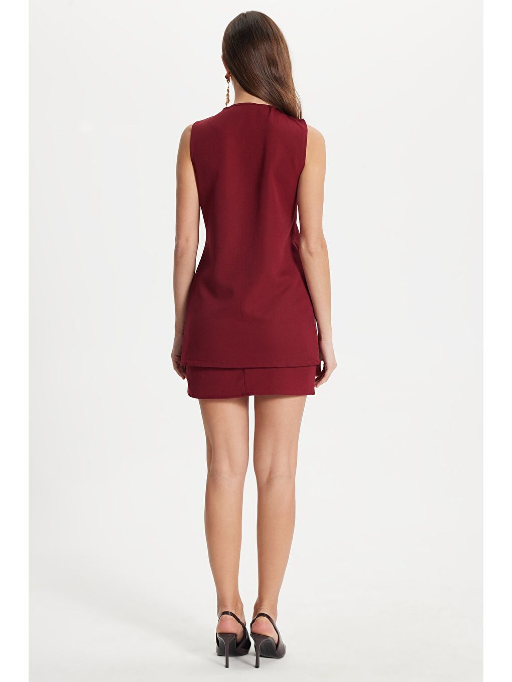 Kadın Standart Fit Normal Kesim Bisiklet Yaka Elastanlı Bordo Kolsuz Yelek Mini Etek Takım-6