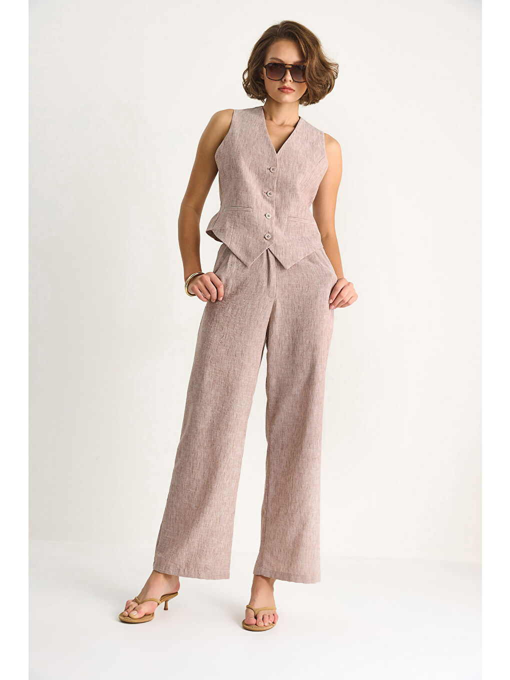 Bej Kadın Yüksek Bel Pantolonlu Yelekli Astarlı Alt-Üst Takım-2