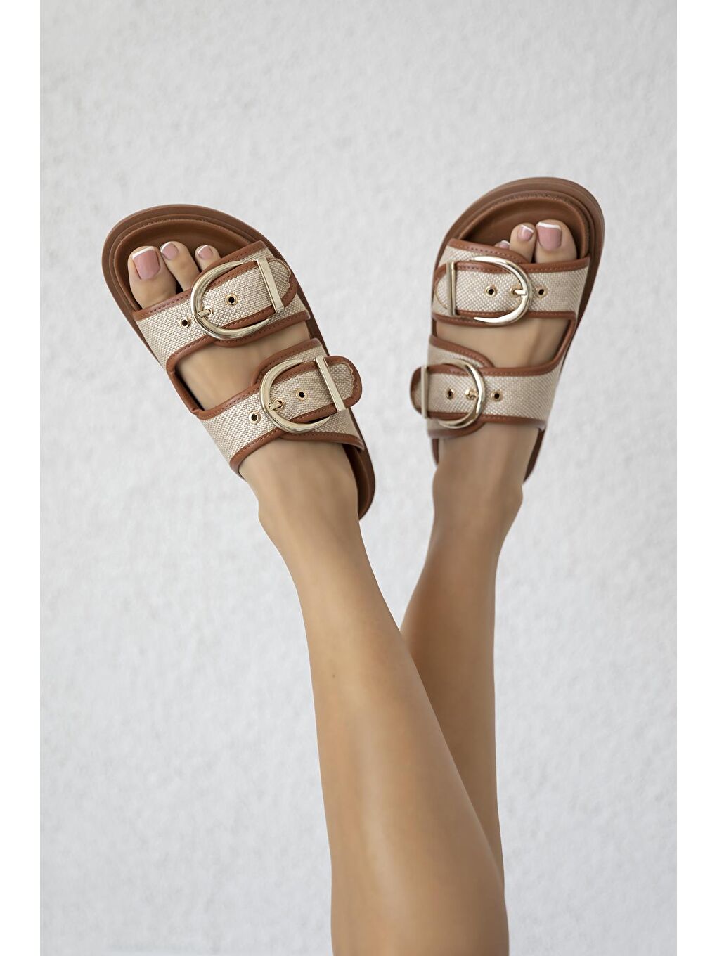 Kahverengi Muna Kadın Hasır Detay  Günlük Deri Terlik Taba-Bej-1