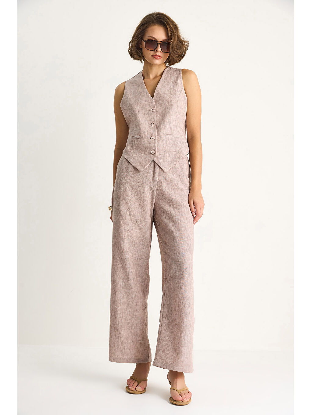 Bej Kadın Yüksek Bel Pantolonlu Yelekli Astarlı Alt-Üst Takım-4