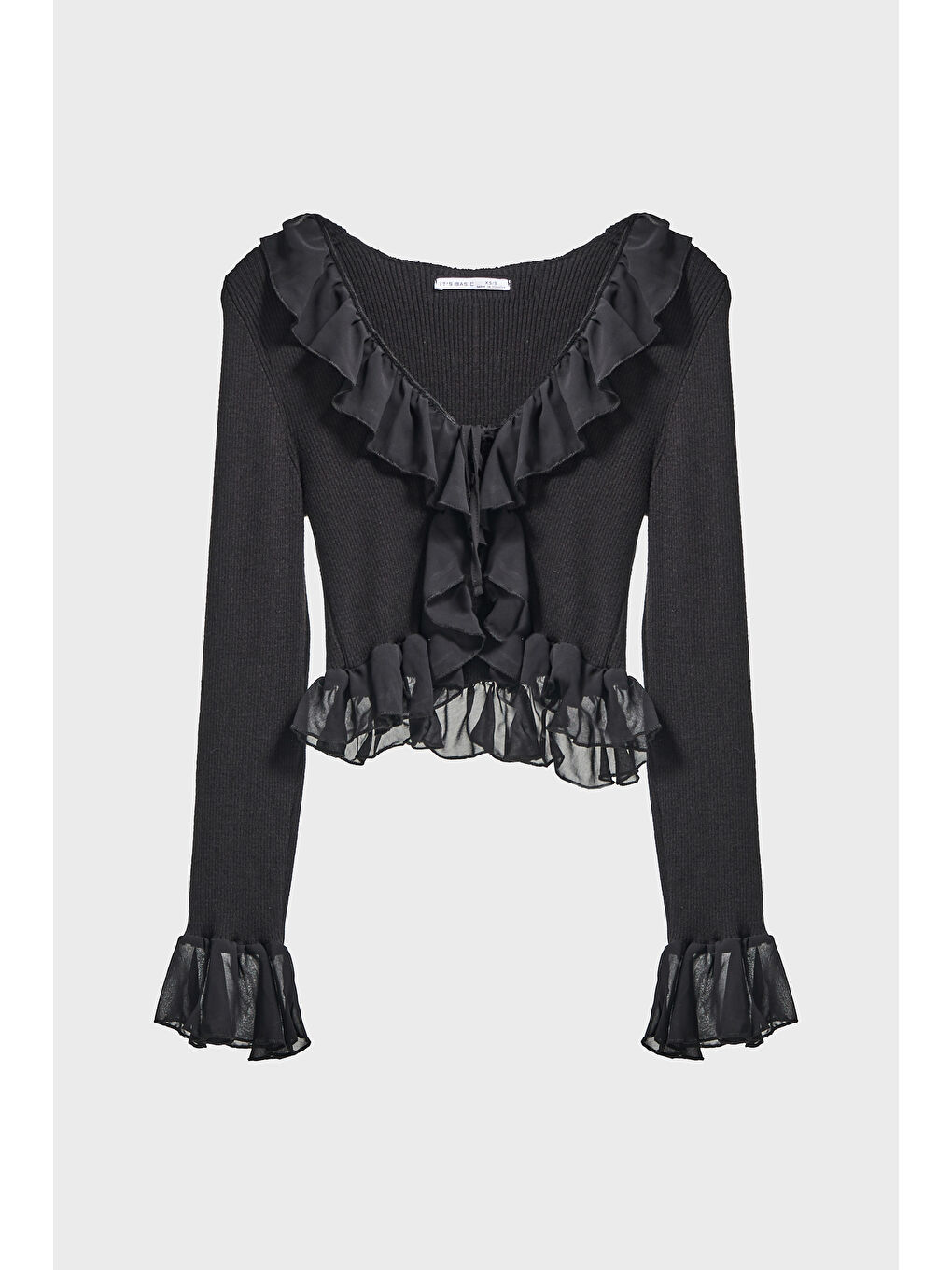 Siyah Kadın Triko Örme Kumaş Şifon Detaylı Volanlı Hırka Bluz