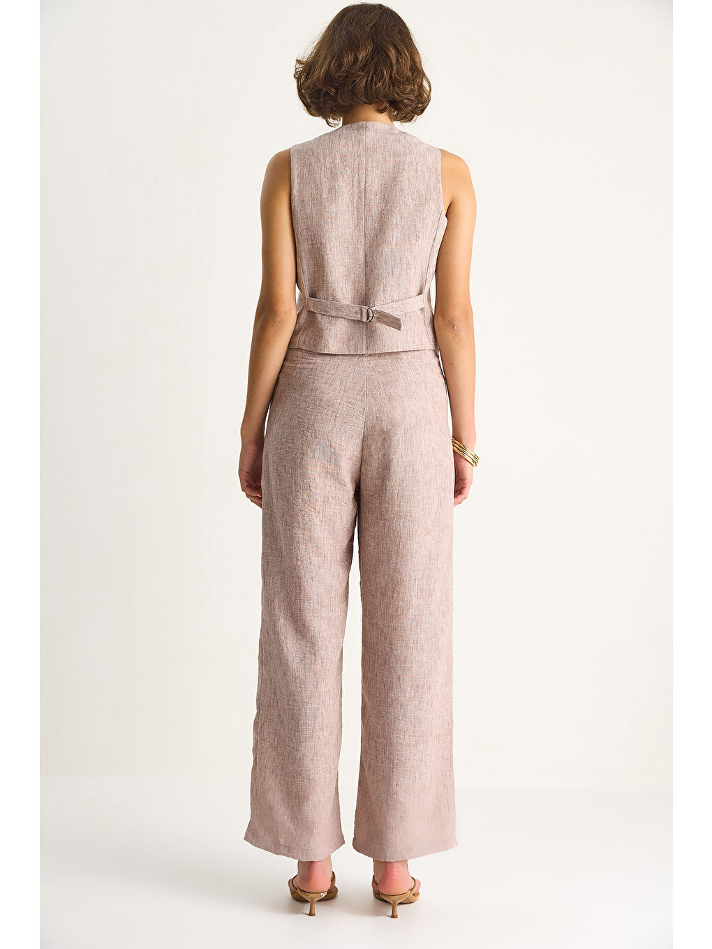 Bej Kadın Yüksek Bel Pantolonlu Yelekli Astarlı Alt-Üst Takım-6