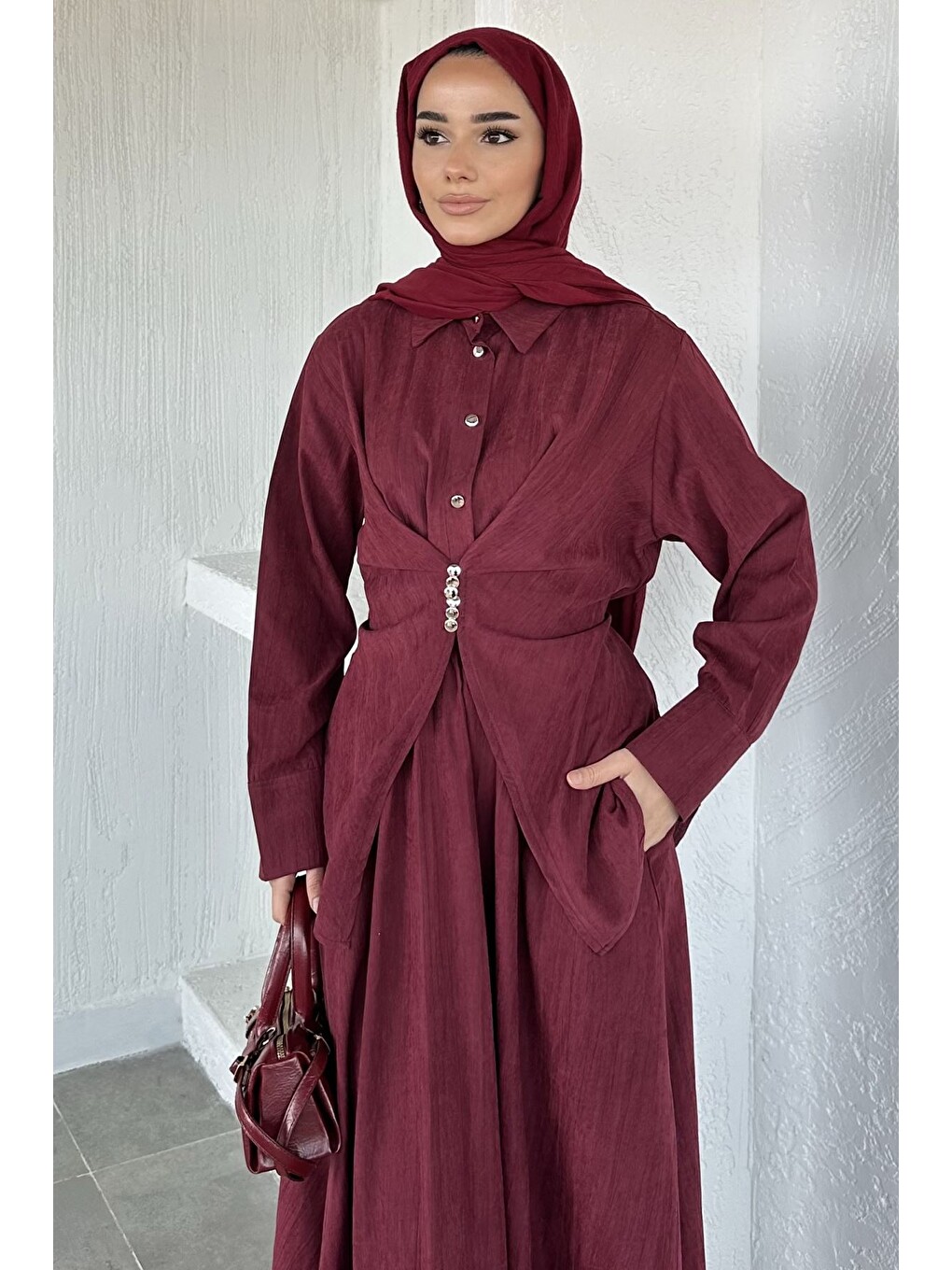 Bordo Gülseli Nubuk Kumaş Gömlek Etek Tesettür İkili Takım-1