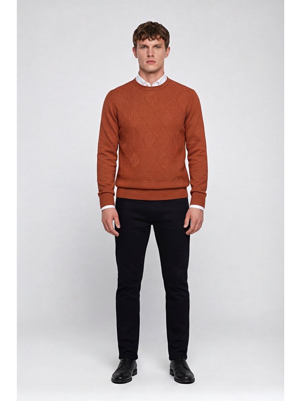 Kahverengi Erkek Kiremit Normal Kesim Regular Fit Yünlü Dokuma Bisiklet Yaka Triko Kazak-1