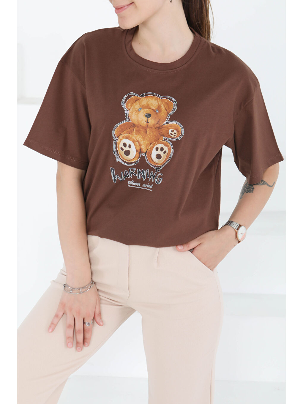 Kahverengi Baskılı Kısa Kollu T-Şhirt Kahve - 27350-2