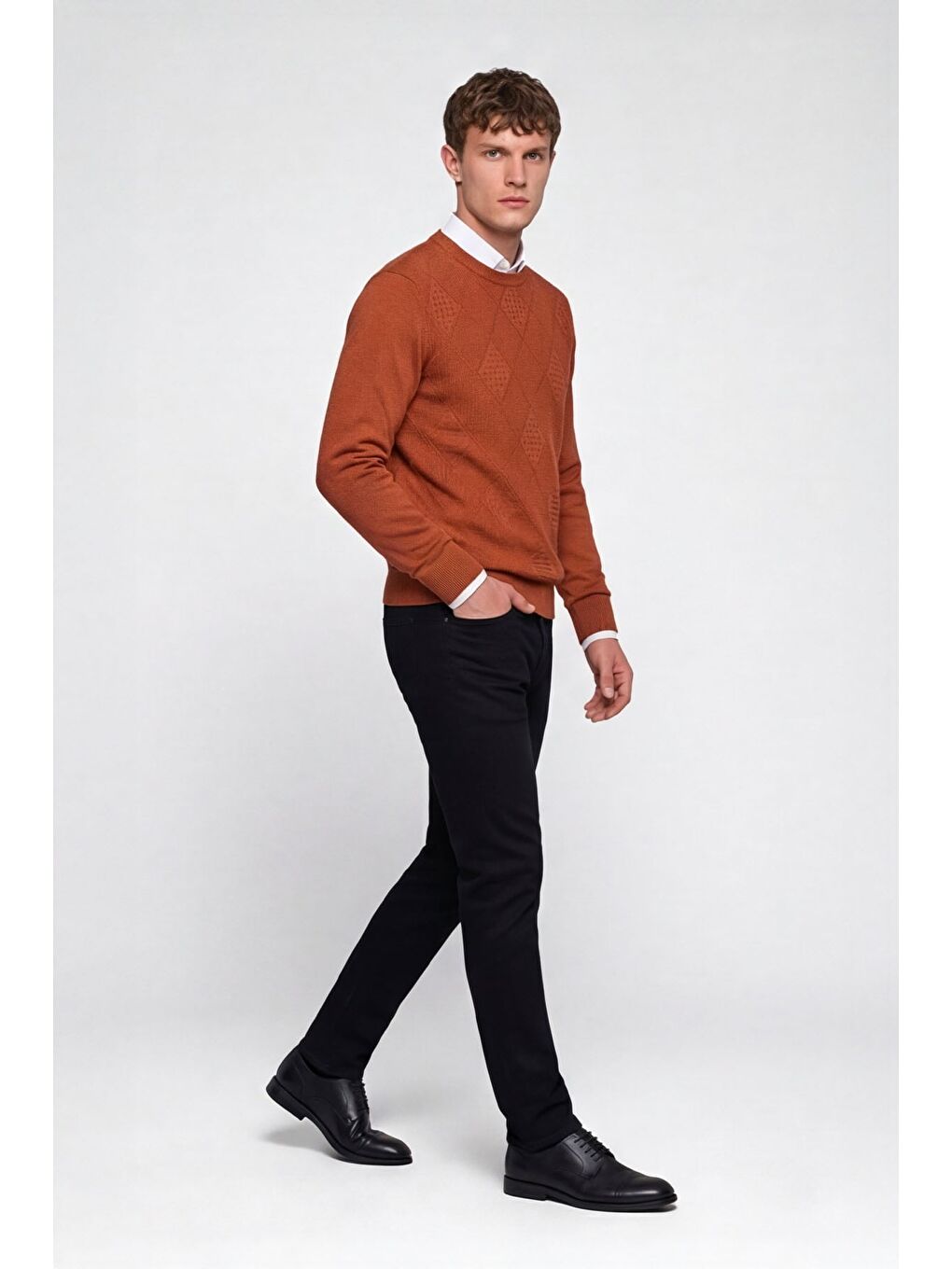 Kahverengi Erkek Kiremit Normal Kesim Regular Fit Yünlü Dokuma Bisiklet Yaka Triko Kazak-2