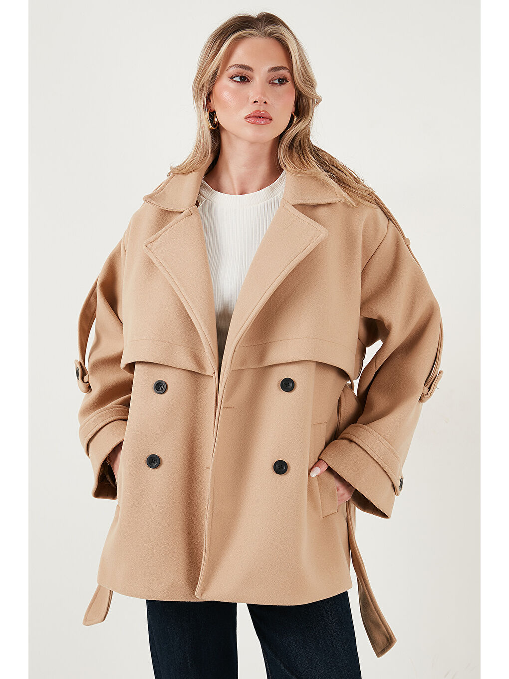 Kahverengi Oversize Fit Kruvaze Yaka Kuşaklı Kaşe Kaban 6839669-2