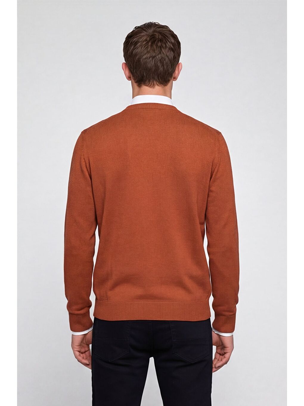 Kahverengi Erkek Kiremit Normal Kesim Regular Fit Yünlü Dokuma Bisiklet Yaka Triko Kazak-3