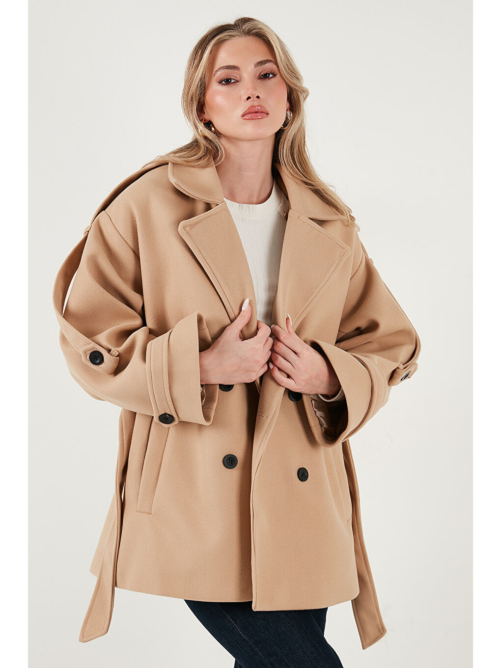 Kahverengi Oversize Fit Kruvaze Yaka Kuşaklı Kaşe Kaban 6839669-3