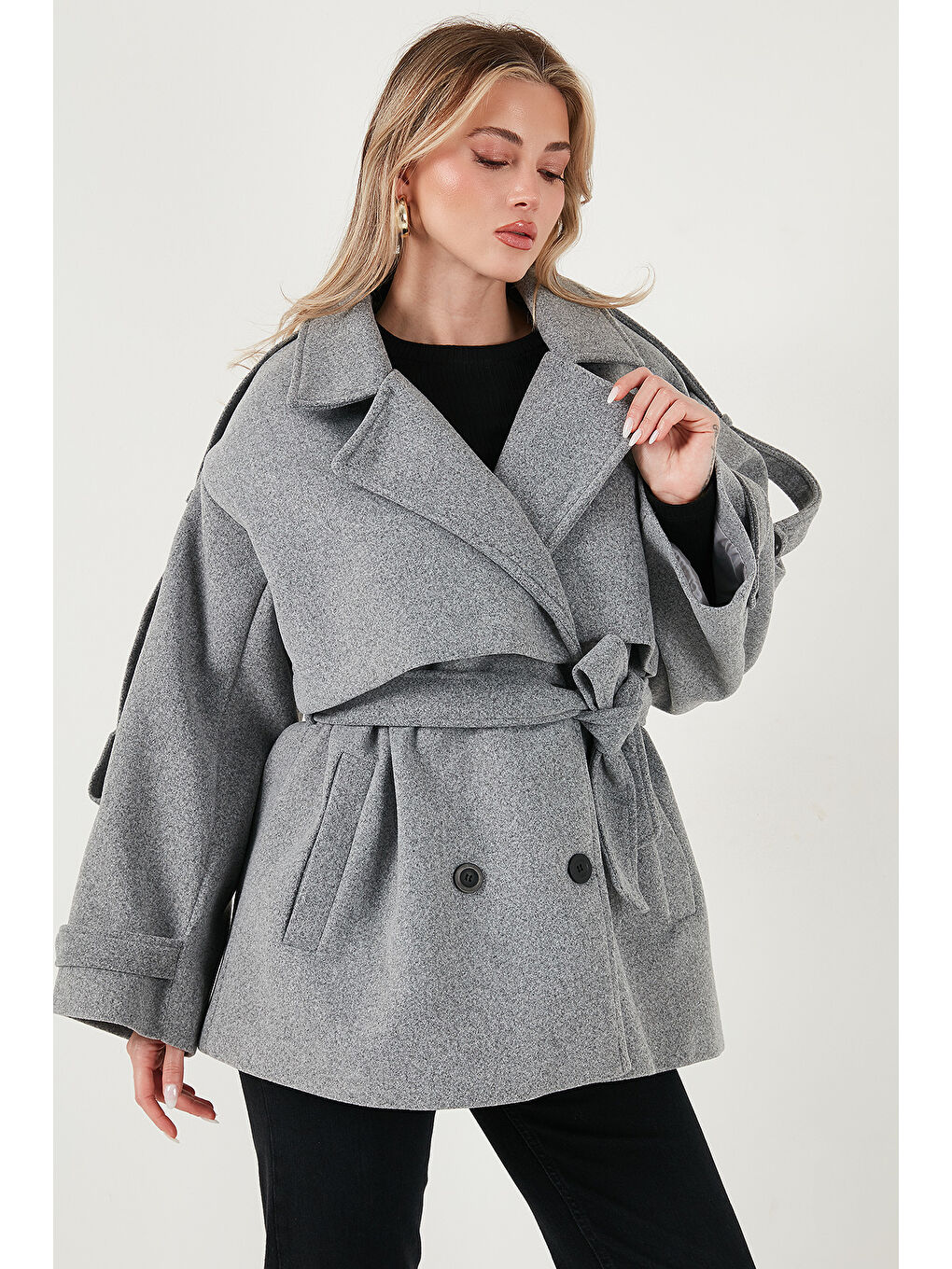 Gri Oversize Fit Kruvaze Yaka Kuşaklı Kaşe Kaban 6839669-3