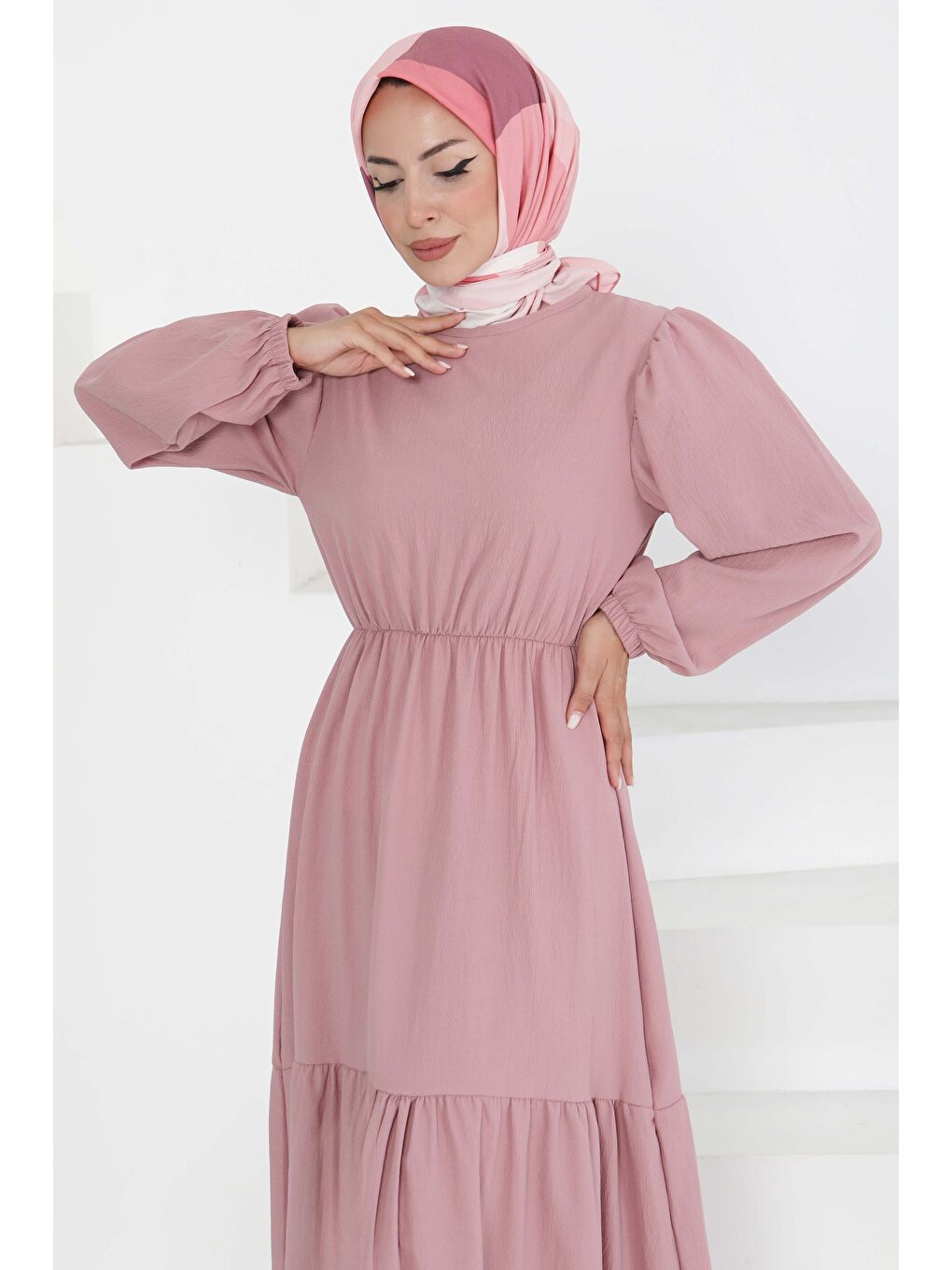 Pembe Beli Bağcıklı Elbise Gül - 27303-1