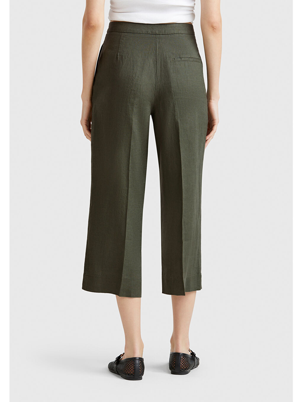 Kadın Haki %100 Keten Düğmeli Fermuarlı Paçası Kesik Kloş Pantolon-2