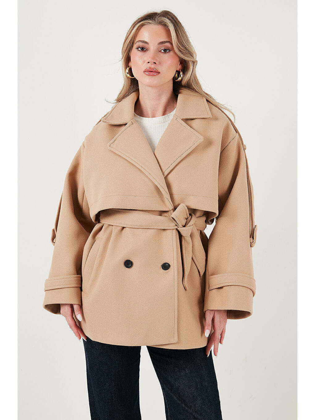 Kahverengi Oversize Fit Kruvaze Yaka Kuşaklı Kaşe Kaban 6839669-5