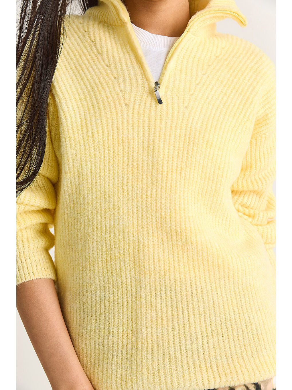 Sarı Kadın Fermuarlı Balıkçı Yaka Oversize Triko Kazak-5