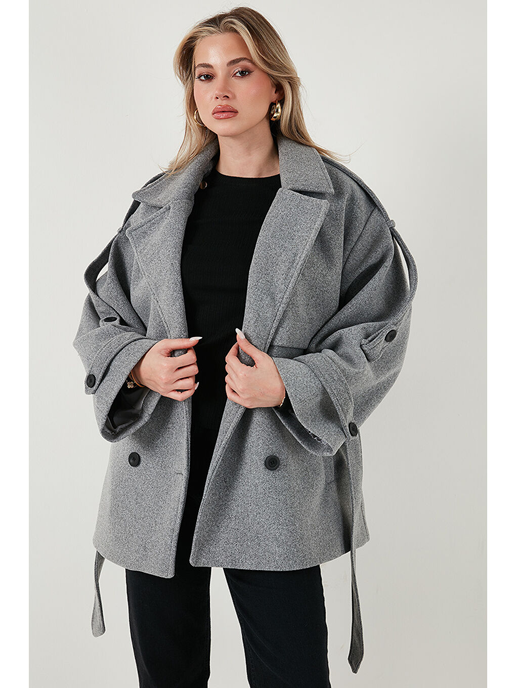 Gri Oversize Fit Kruvaze Yaka Kuşaklı Kaşe Kaban 6839669-4