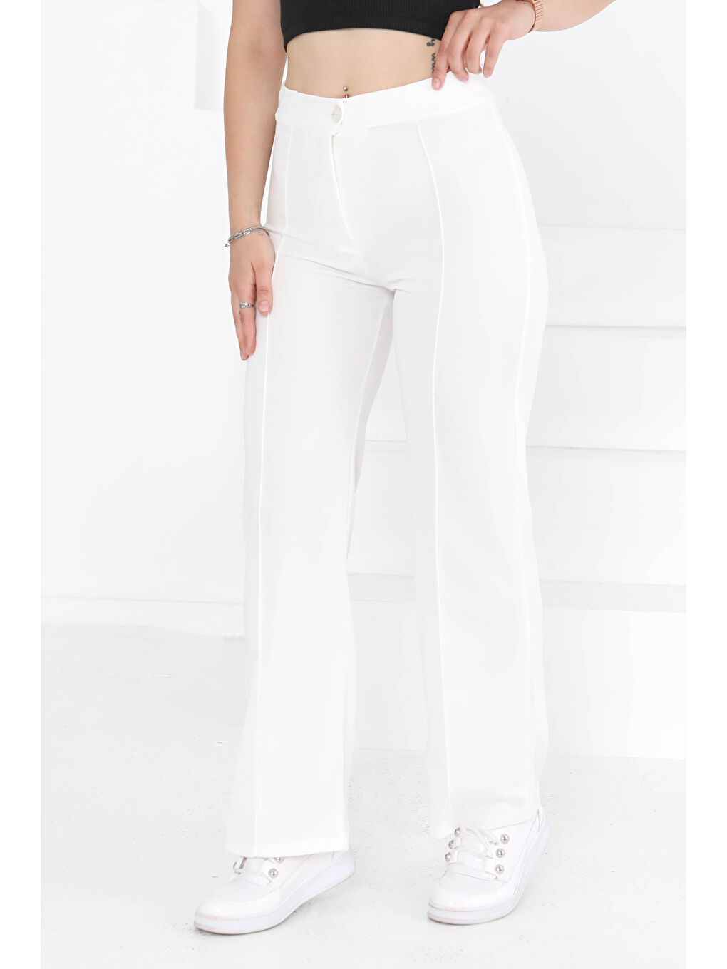 Şerit Detaylı Spor Pantolon Beyaz - 27084-1