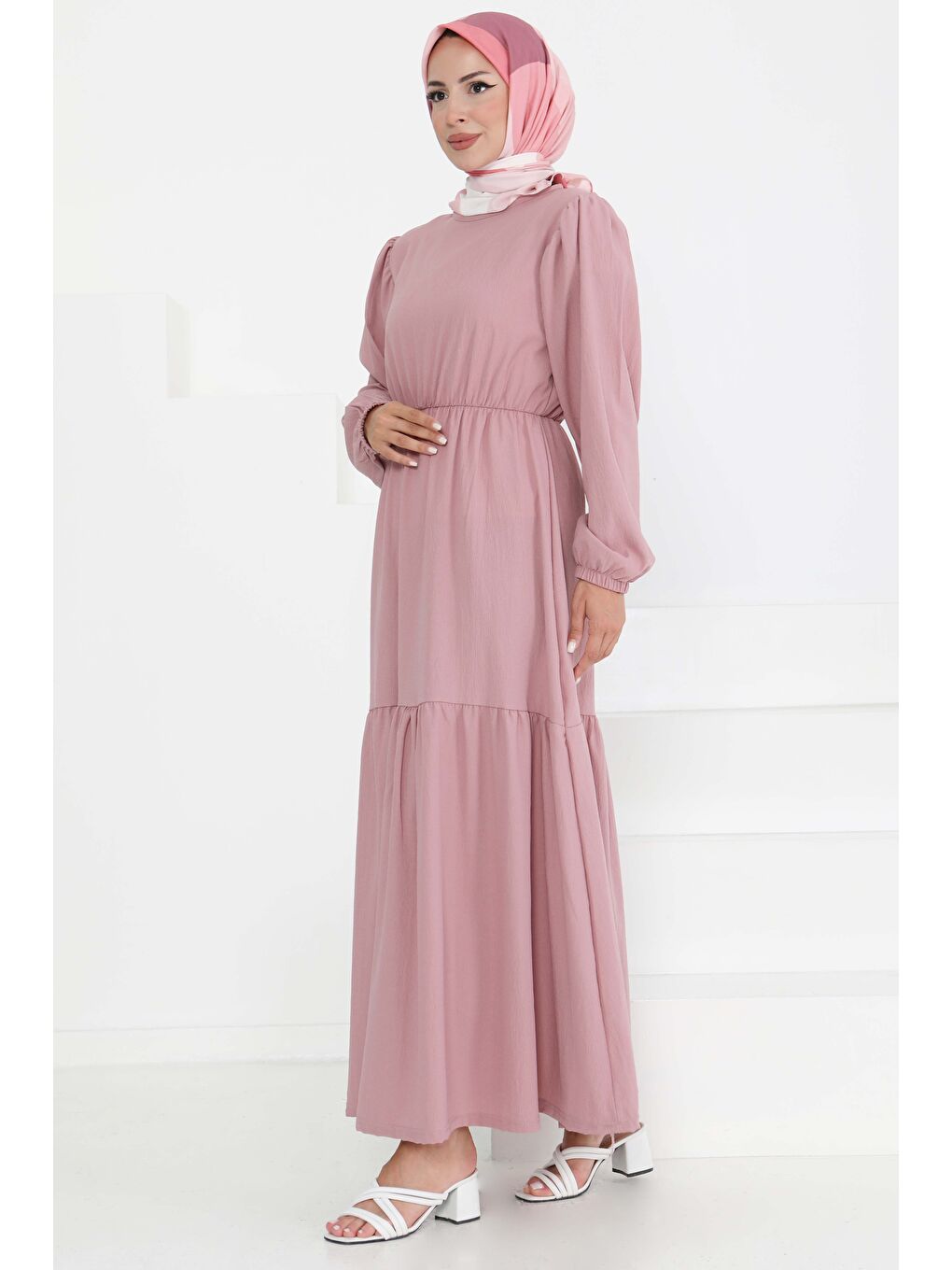 Pembe Beli Bağcıklı Elbise Gül - 27303-2