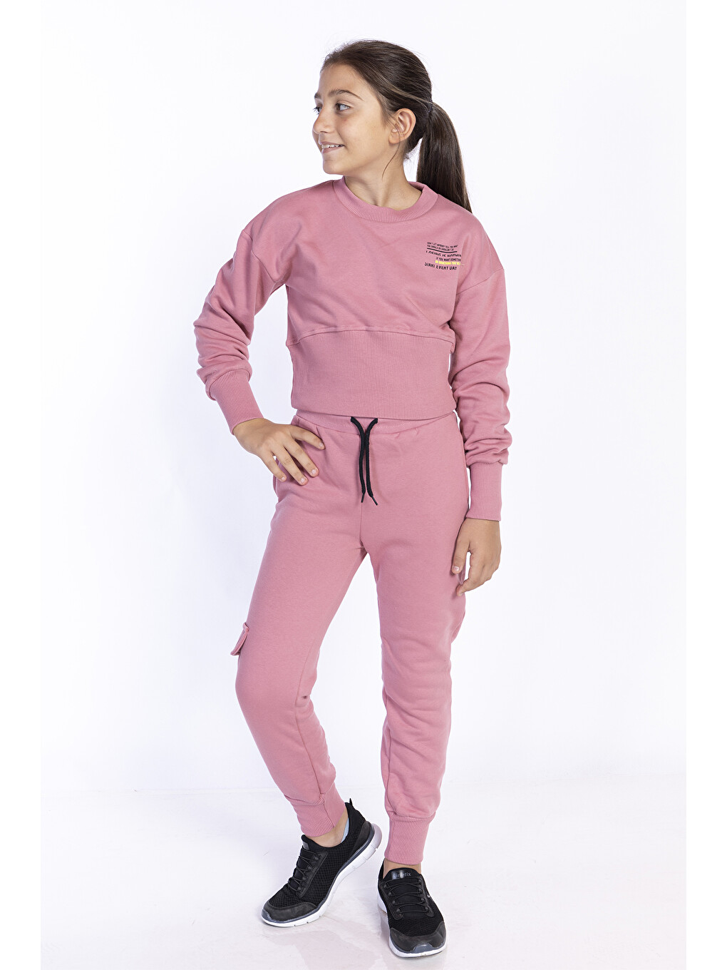 Pembe Kız Çocuk Bisiklet Yaka Düşük Kol Crop Eşofman Takım