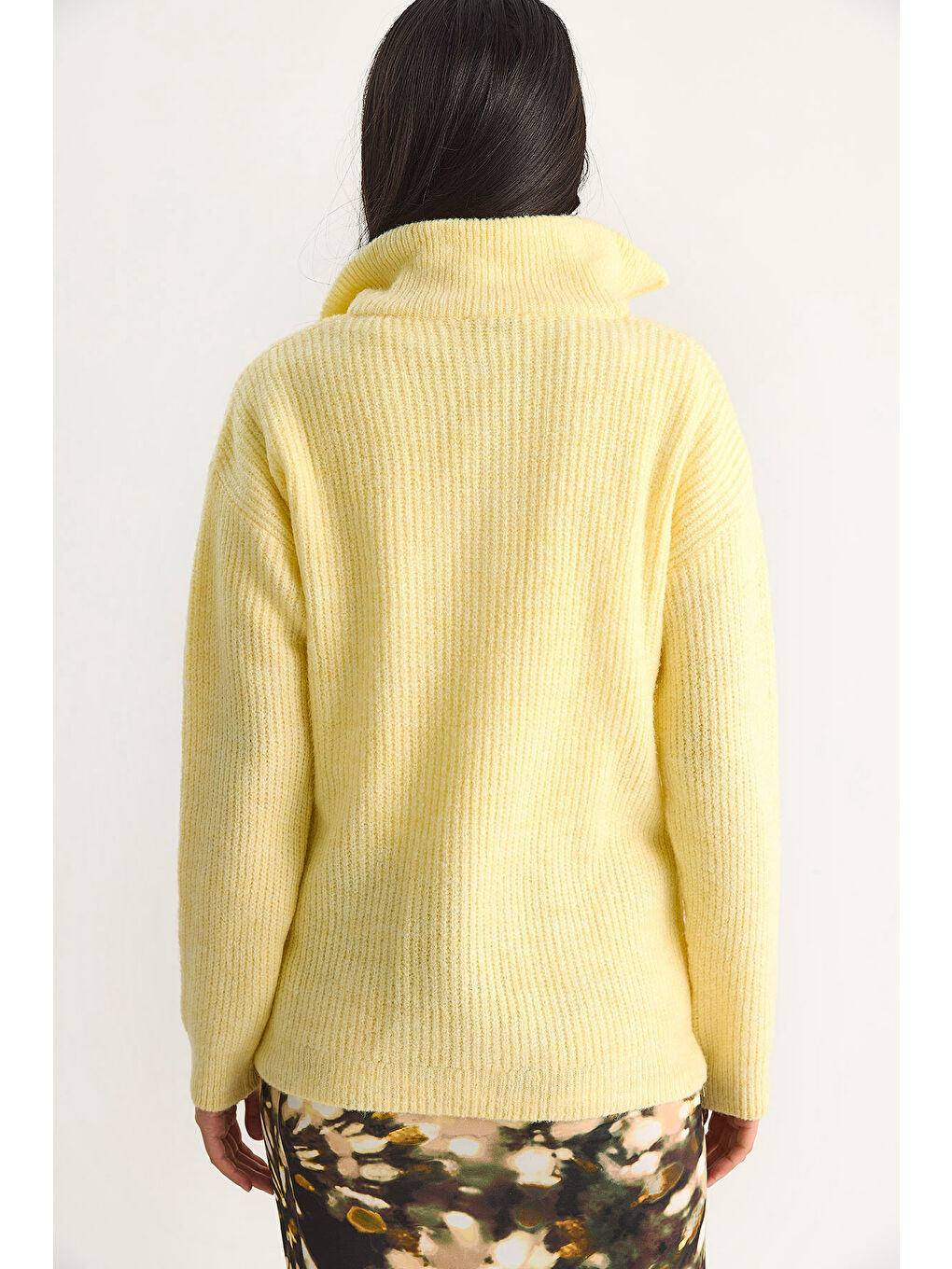 Sarı Kadın Fermuarlı Balıkçı Yaka Oversize Triko Kazak-6