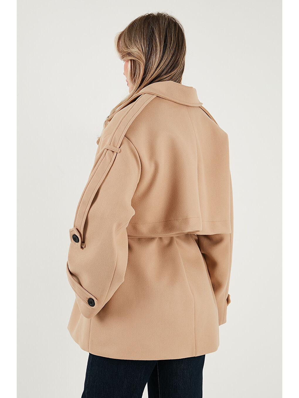 Kahverengi Oversize Fit Kruvaze Yaka Kuşaklı Kaşe Kaban 6839669-6