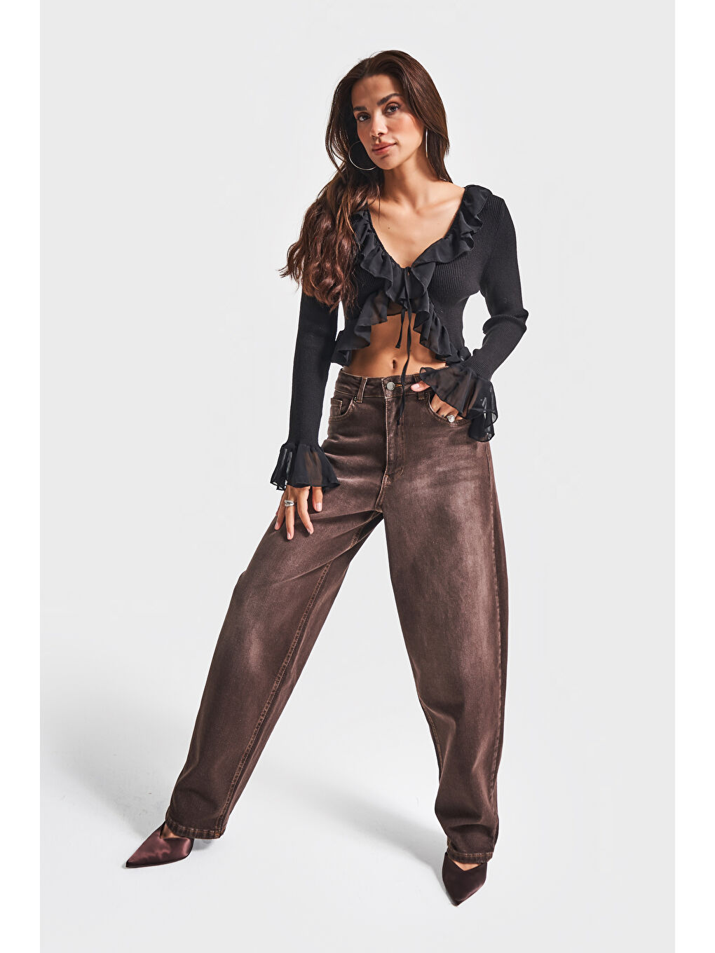 Siyah Kadın Triko Örme Kumaş Şifon Detaylı Volanlı Hırka Bluz-3