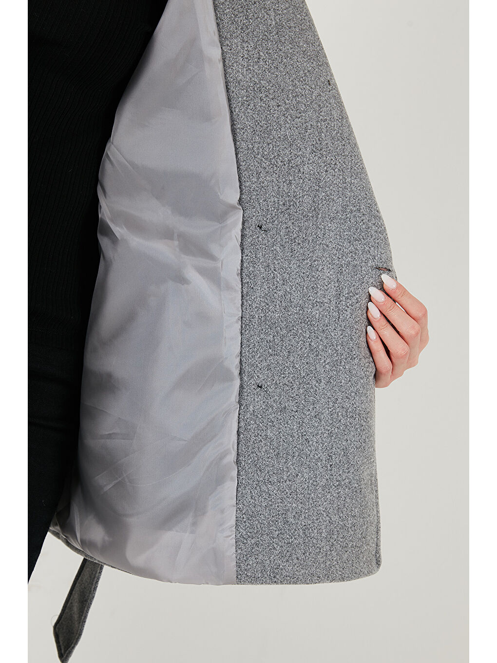 Gri Oversize Fit Kruvaze Yaka Kuşaklı Kaşe Kaban 6839669-5