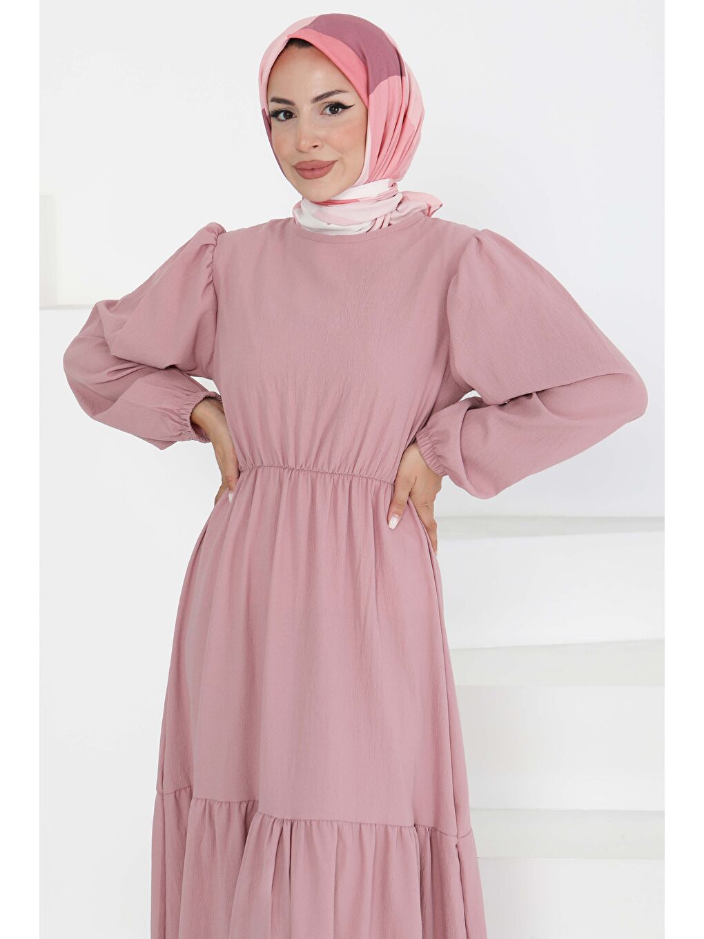 Pembe Beli Bağcıklı Elbise Gül - 27303-3