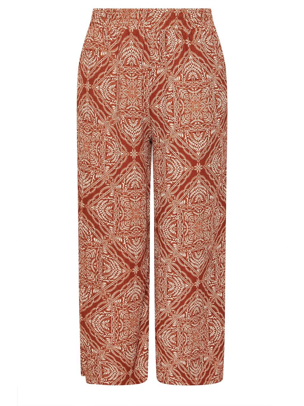 Kahverengi Büyük Beden Beli Lastikli Cepli Geniş Paça Baskılı Pantolon 310293-5