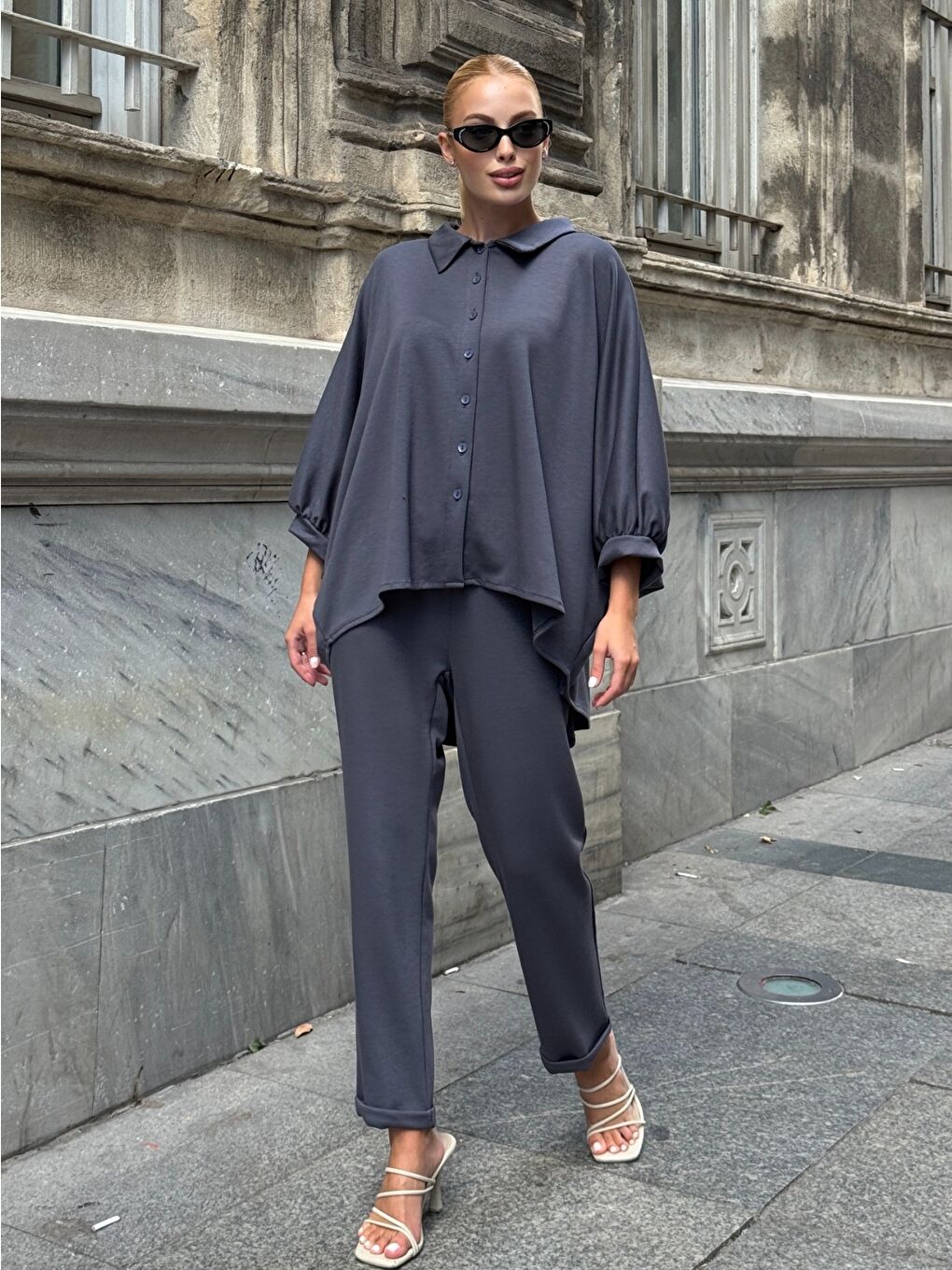 Oversize Gömlek Pantalon Gri Takım