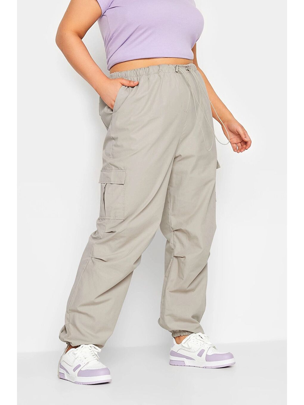 Bej Büyük Beden Paçası Lastikli Cep Detaylı Kargo Pantolon 302035-1