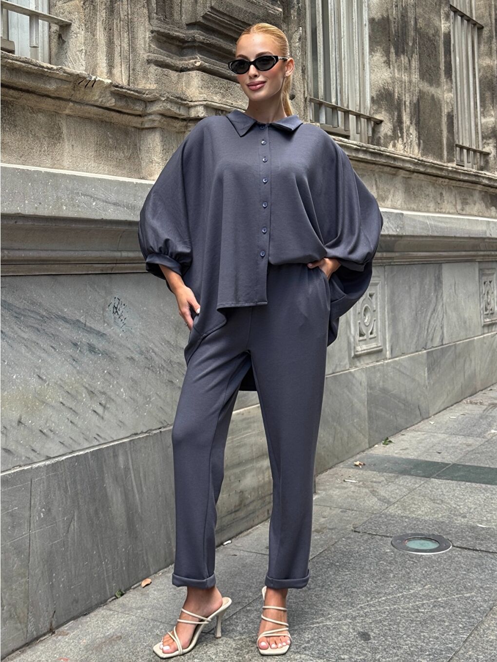 Oversize Gömlek Pantalon Gri Takım-1