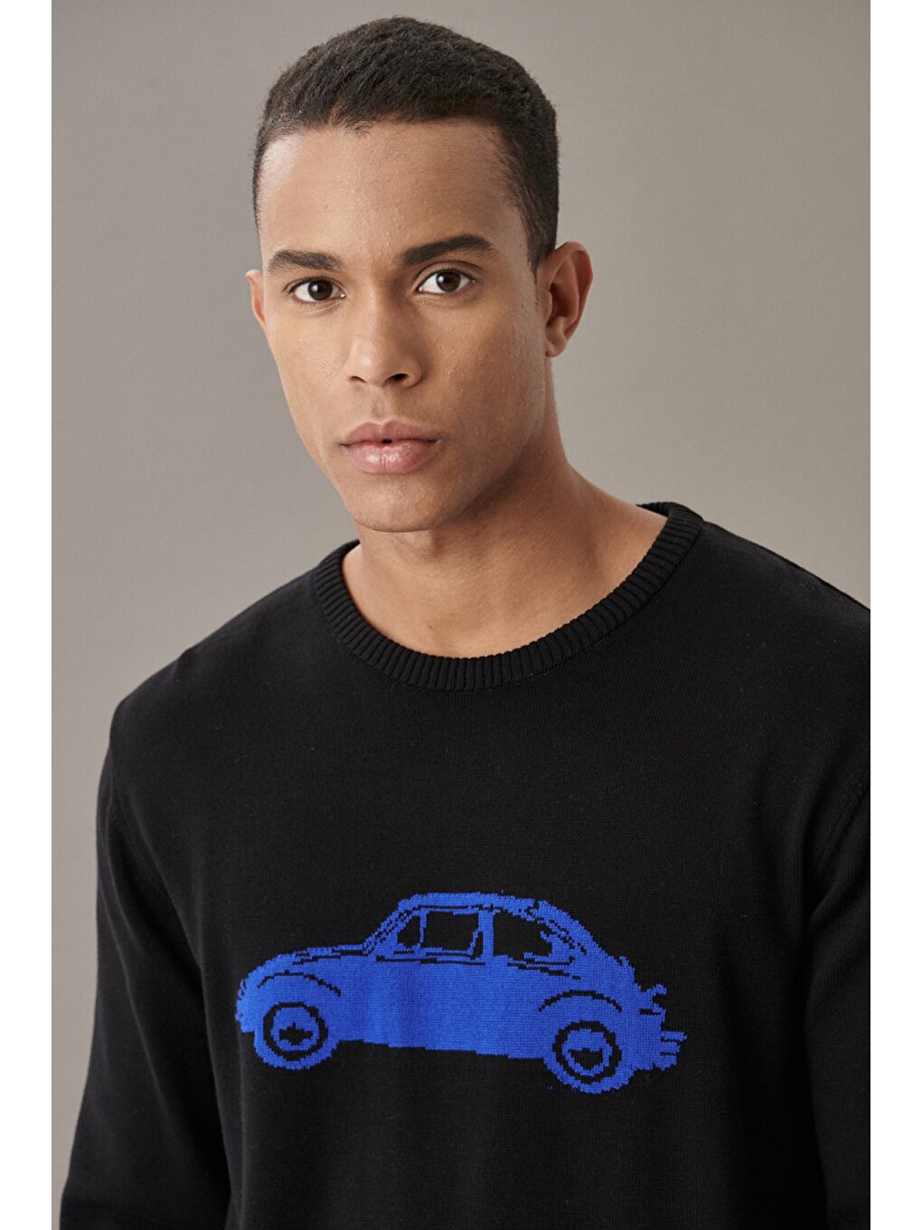 Erkek Siyah-Saks Standart Fit Bisiklet Yaka Desenli %100 Pamuk Triko Kazak-1