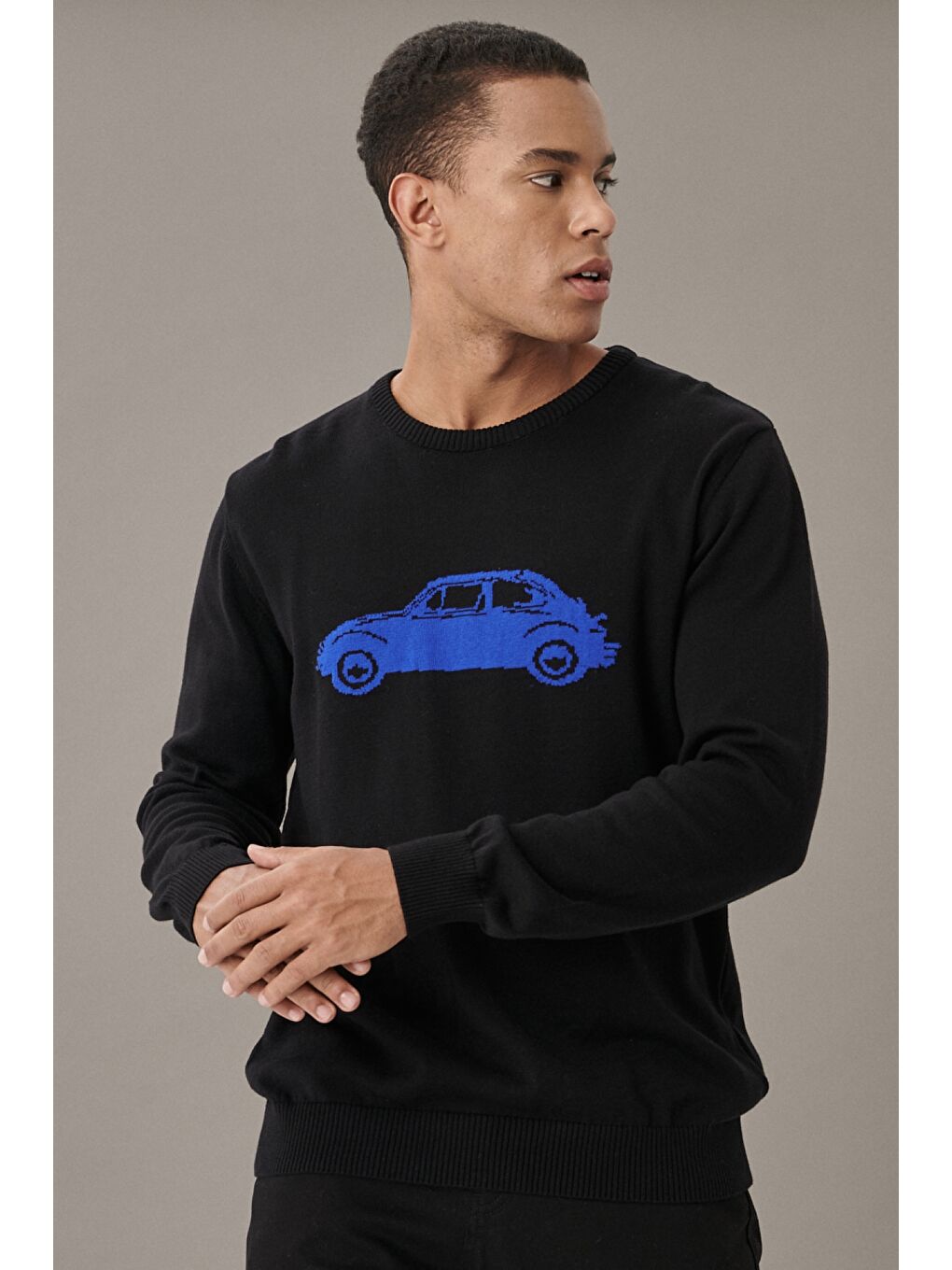 Erkek Siyah-Saks Standart Fit Bisiklet Yaka Desenli %100 Pamuk Triko Kazak-2