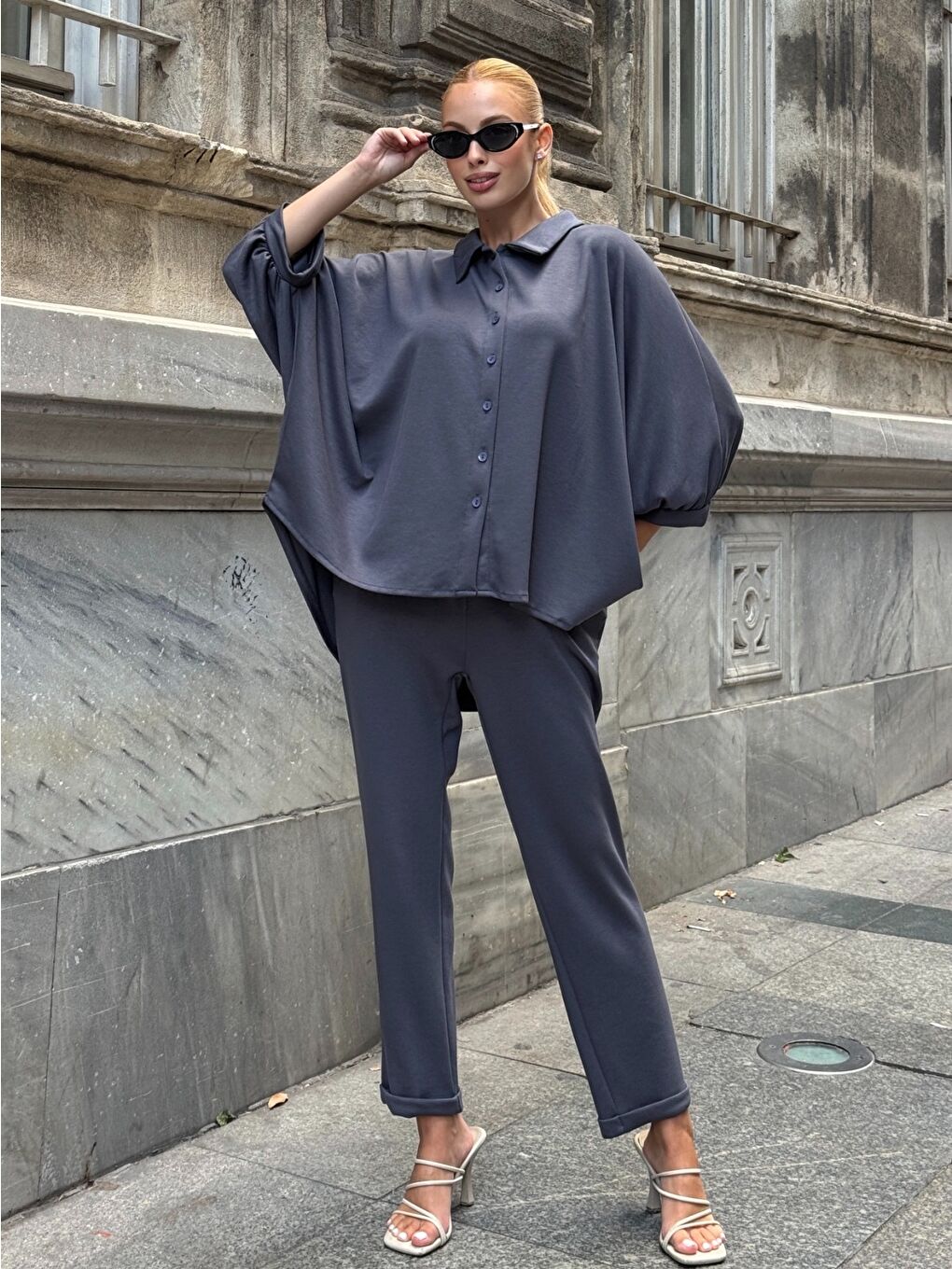 Oversize Gömlek Pantalon Gri Takım-2
