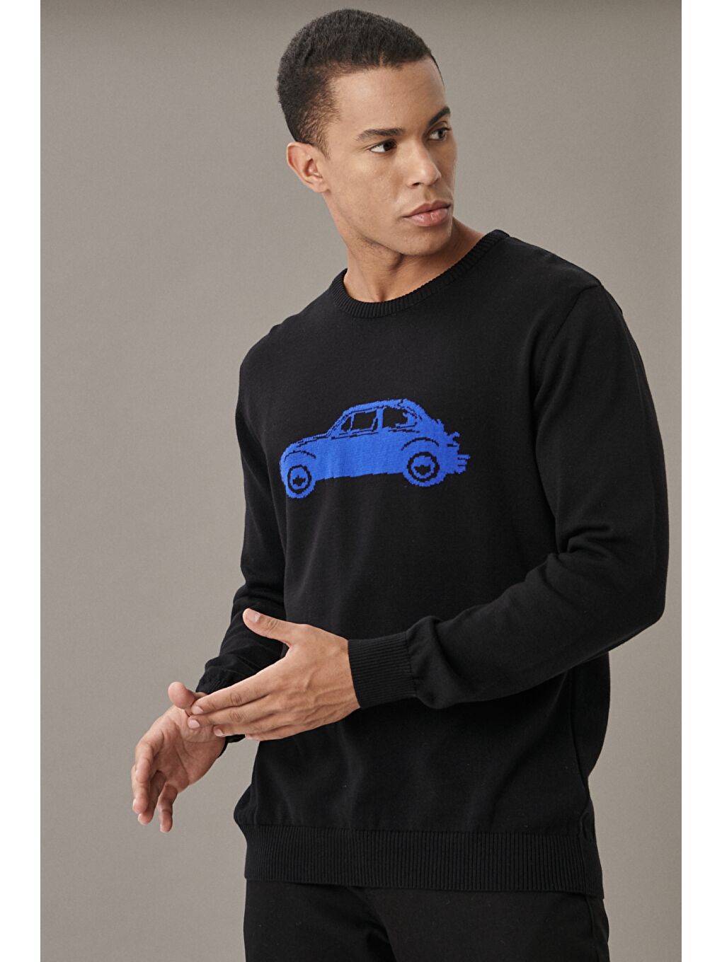 Erkek Siyah-Saks Standart Fit Bisiklet Yaka Desenli %100 Pamuk Triko Kazak-3