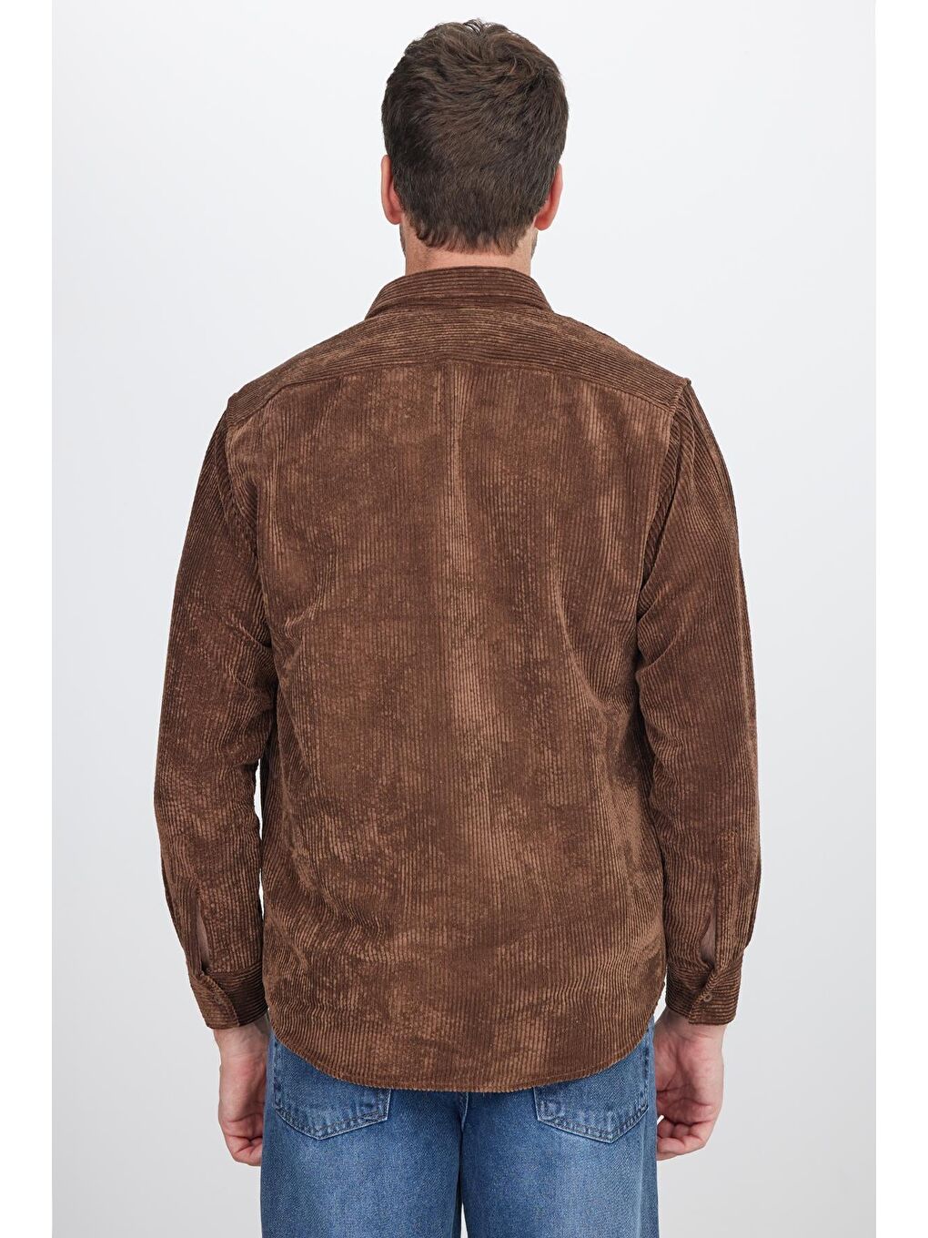 Kahverengi Erkek Regular Fit Rahat Kesim Fitilli Kadife Görünüm Düğmeli Yaka Koyu Kahve Ceket Gömlek-6