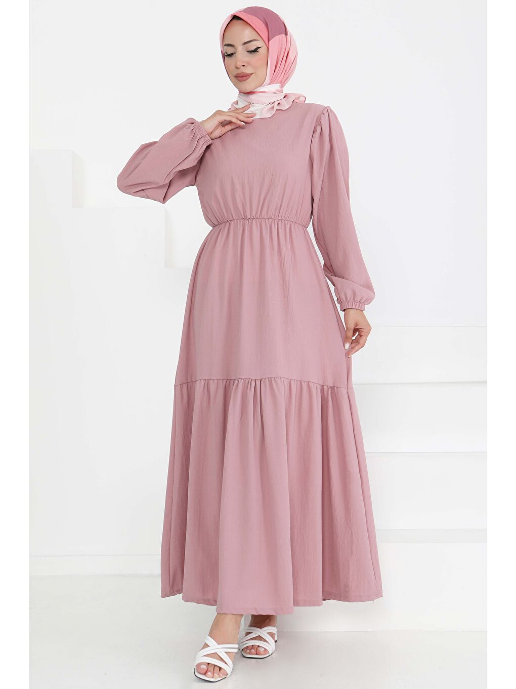 Pembe Beli Bağcıklı Elbise Gül - 27303-4