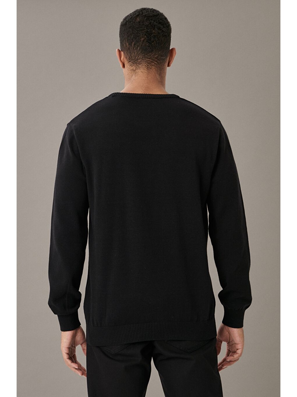 Erkek Siyah-Saks Standart Fit Bisiklet Yaka Desenli %100 Pamuk Triko Kazak-4