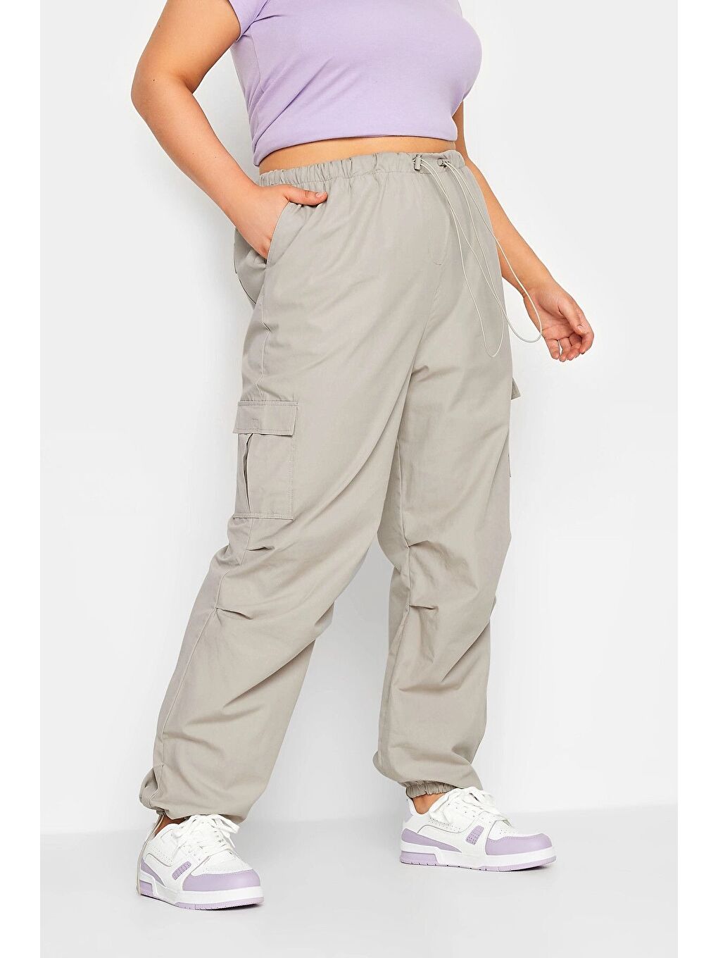 Bej Büyük Beden Paçası Lastikli Cep Detaylı Kargo Pantolon 302035-6