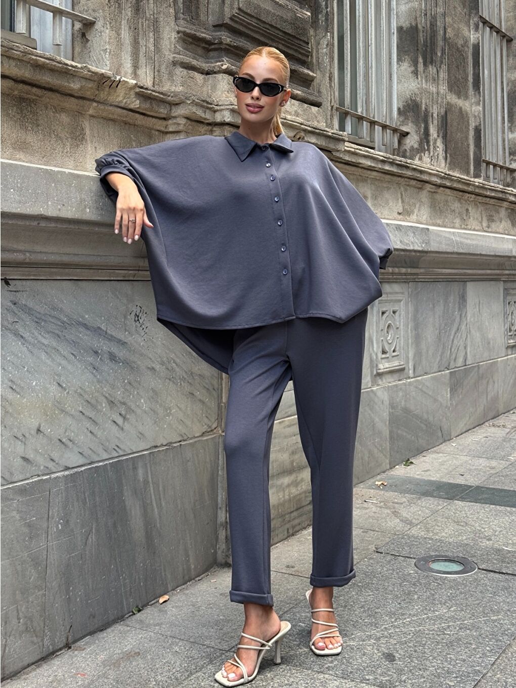 Oversize Gömlek Pantalon Gri Takım-3
