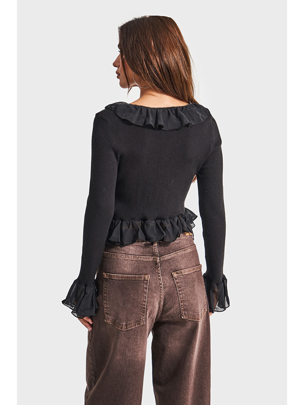 Siyah Kadın Triko Örme Kumaş Şifon Detaylı Volanlı Hırka Bluz-2