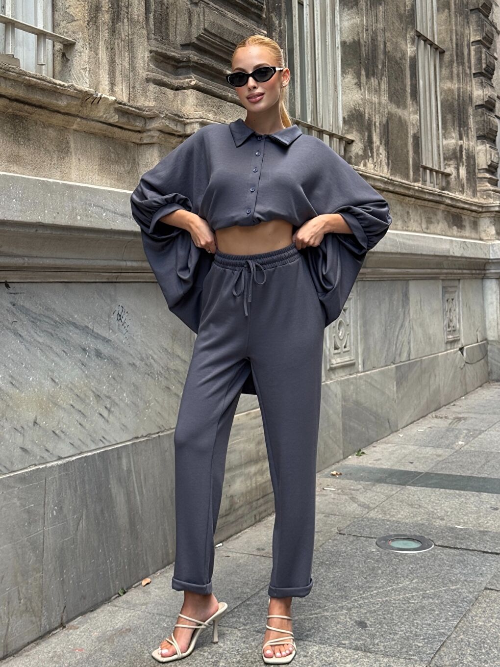 Oversize Gömlek Pantalon Gri Takım-4