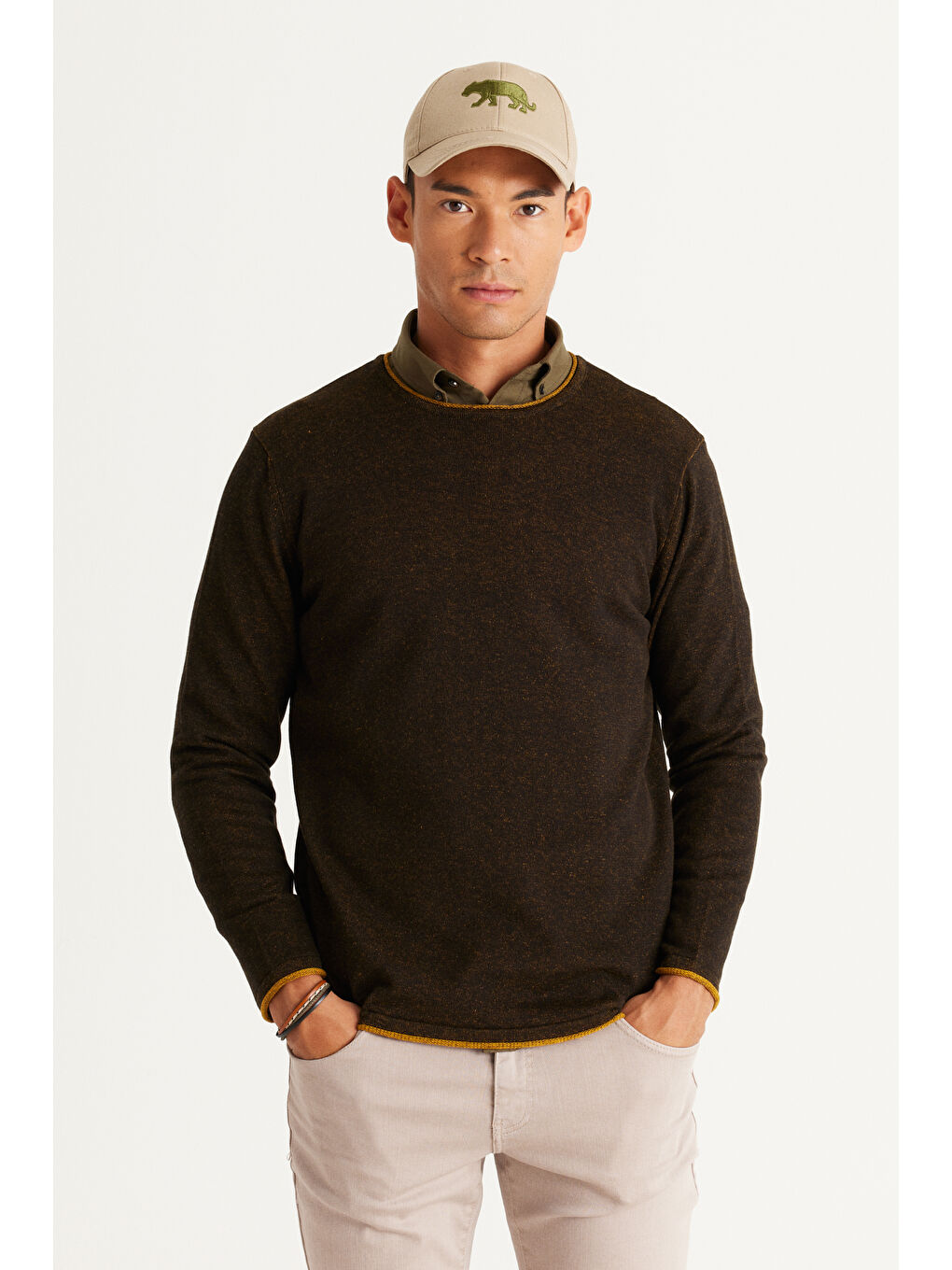 Erkek Siyah-Hardal Standart Fit Normal Kesim Bisiklet Yaka Pamuklu Triko Kazak