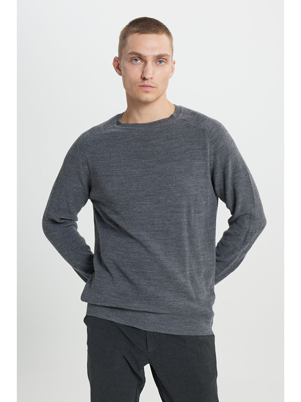 Erkek Antrasit-Melanj Standart Fit Normal Kesim Bisiklet Yaka Desenli Triko Kazak