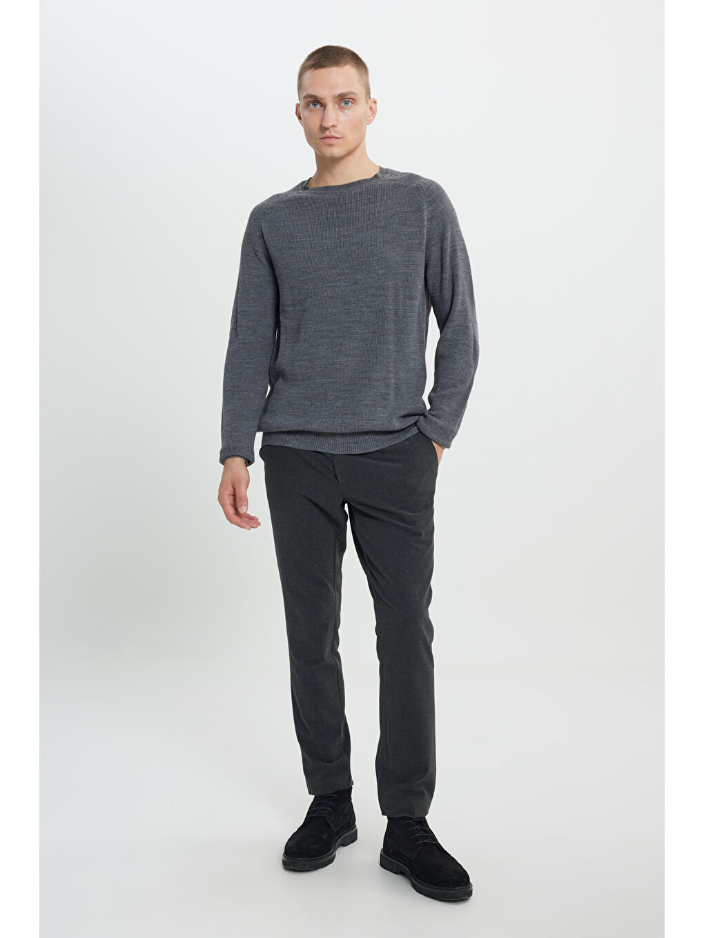 Erkek Antrasit-Melanj Standart Fit Normal Kesim Bisiklet Yaka Desenli Triko Kazak-1