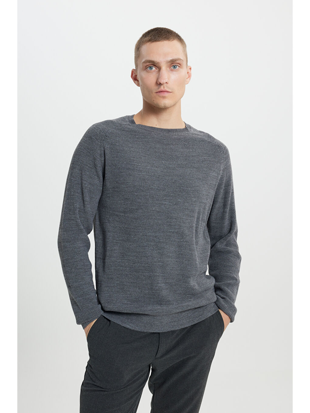 Erkek Antrasit-Melanj Standart Fit Normal Kesim Bisiklet Yaka Desenli Triko Kazak-2