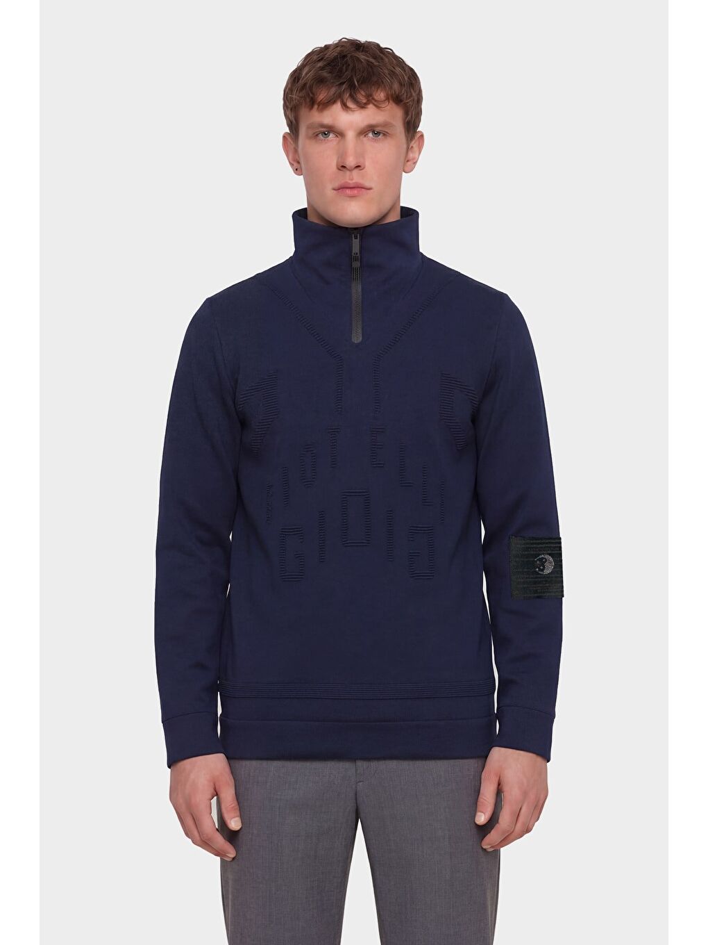 Giotelli Erkek Lacivert Normal Kesim Regular Fit Yünlü Dokuma Fermuarlı Balıkçı Yaka Triko Kazak