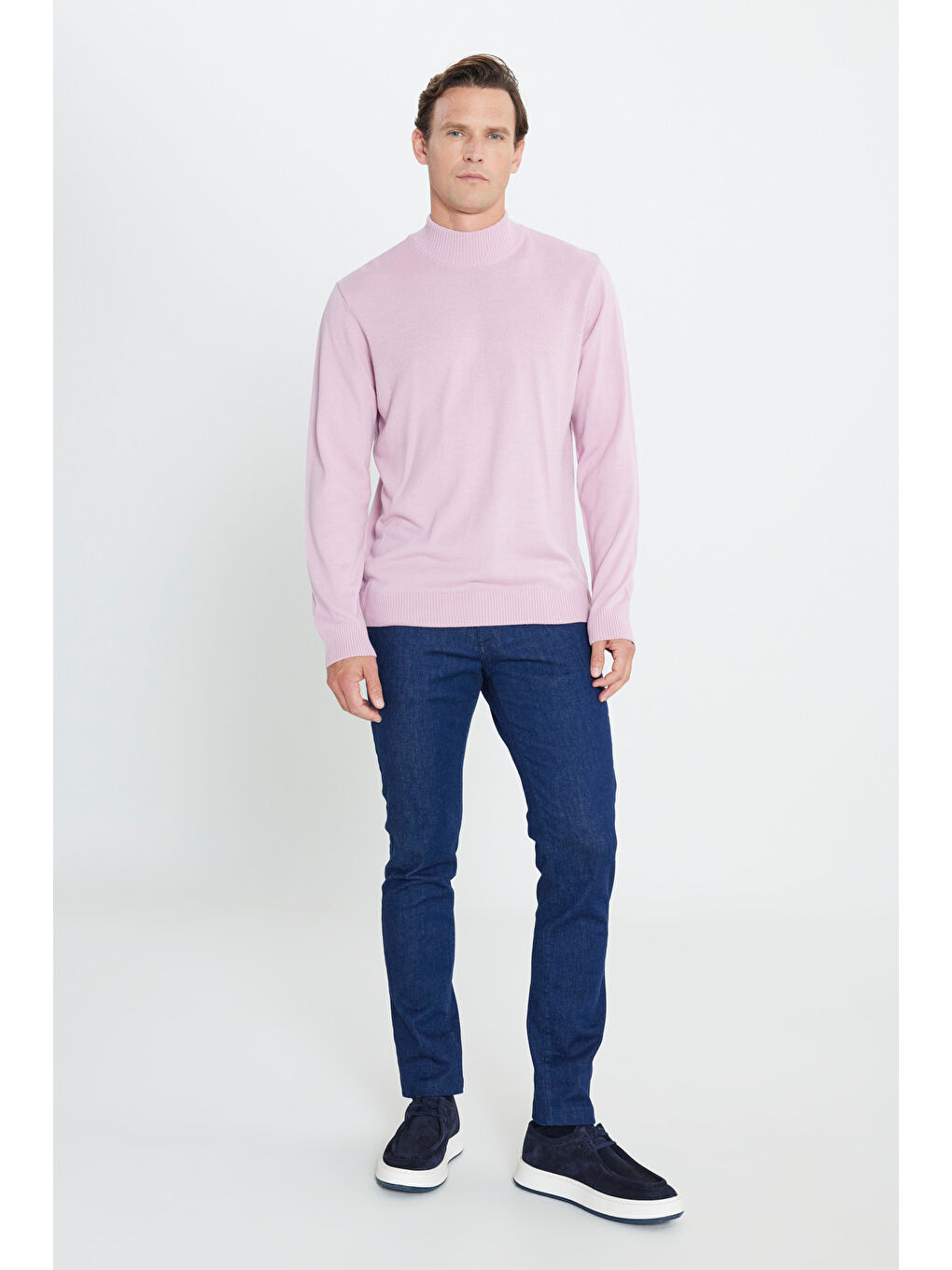 Pembe Erkek Gül Kurusu Tüylenme Yapmayan Anti-Pilling Standart Fit Yarım Balıkçı Yaka Triko Kazak-1